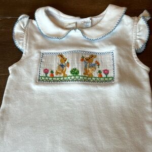 Vive La Fete Easter Smocked Bunnies White with Blue Trim Shirt